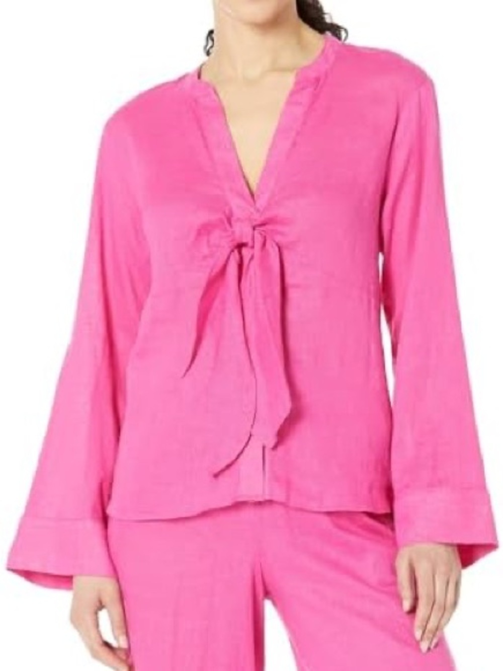 Michael Kors Women's Pink Tie-Front Linen Blend Long Sleeve Blouse Cerise resort